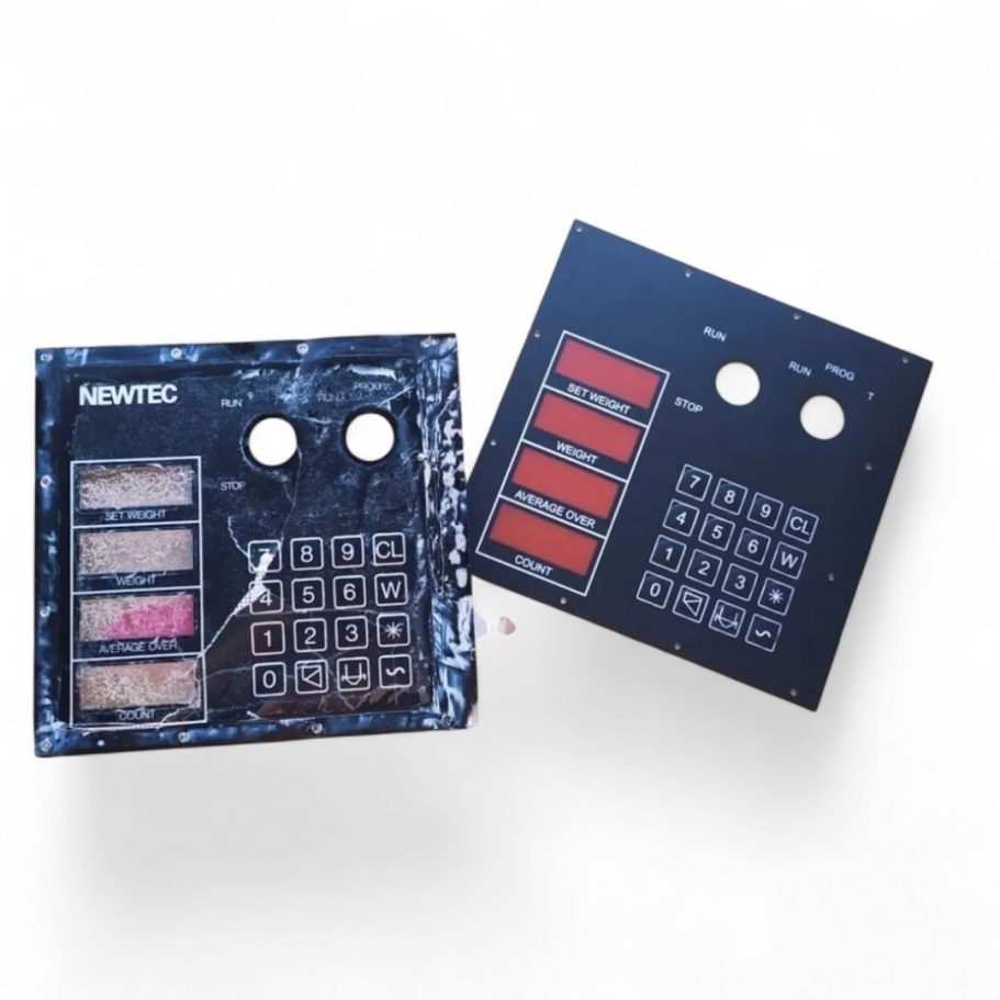 reparación y restauración de teclados de membrana y carátulas Dos paneles de control con botones y pantallas, uno de ellos deteriorado y el otro nuevo