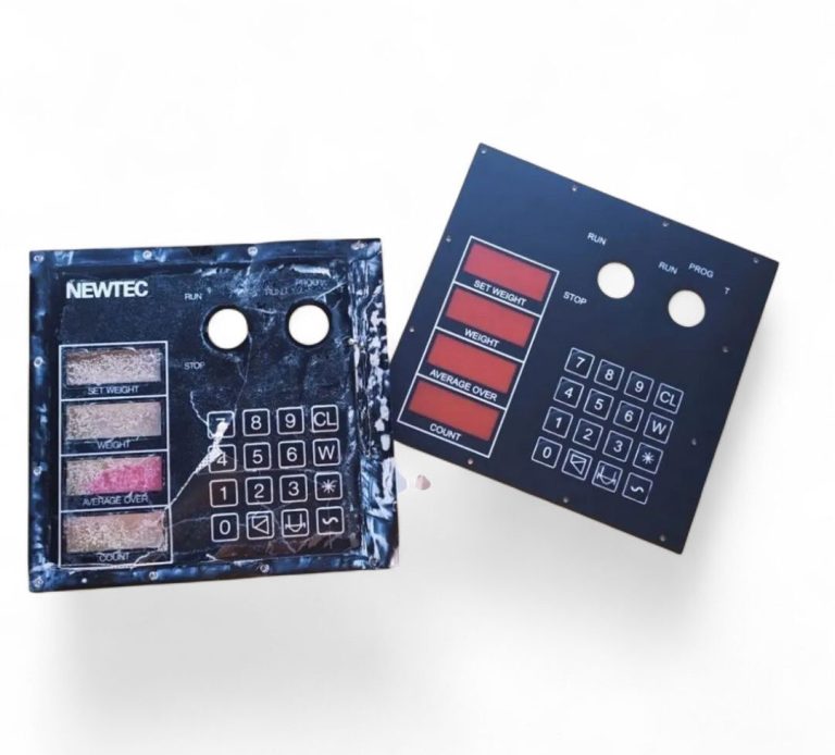reparación de teclados de membrana Cao Ingtec Dos teclados de membrana con iconos y botones, los dos de color negro y rojo, una restaurado y otra deteriorado