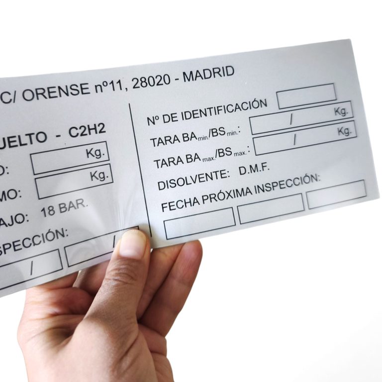 placa de características en policarbonato de alto brillo Cao Ingtec placa de caraccterísticas en policarbonato grueso de alto brillo con campos para hacer anotaciones